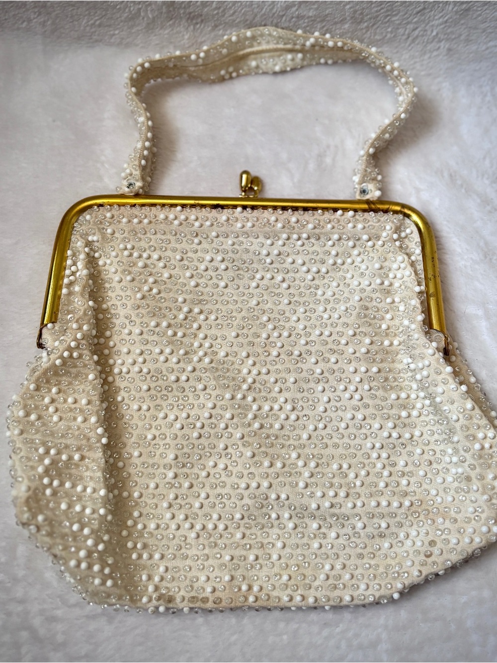 Vintage Lumured Beaded Evening Bag Ivory Pearl Kiss Lock Bridal Purse Handbag
